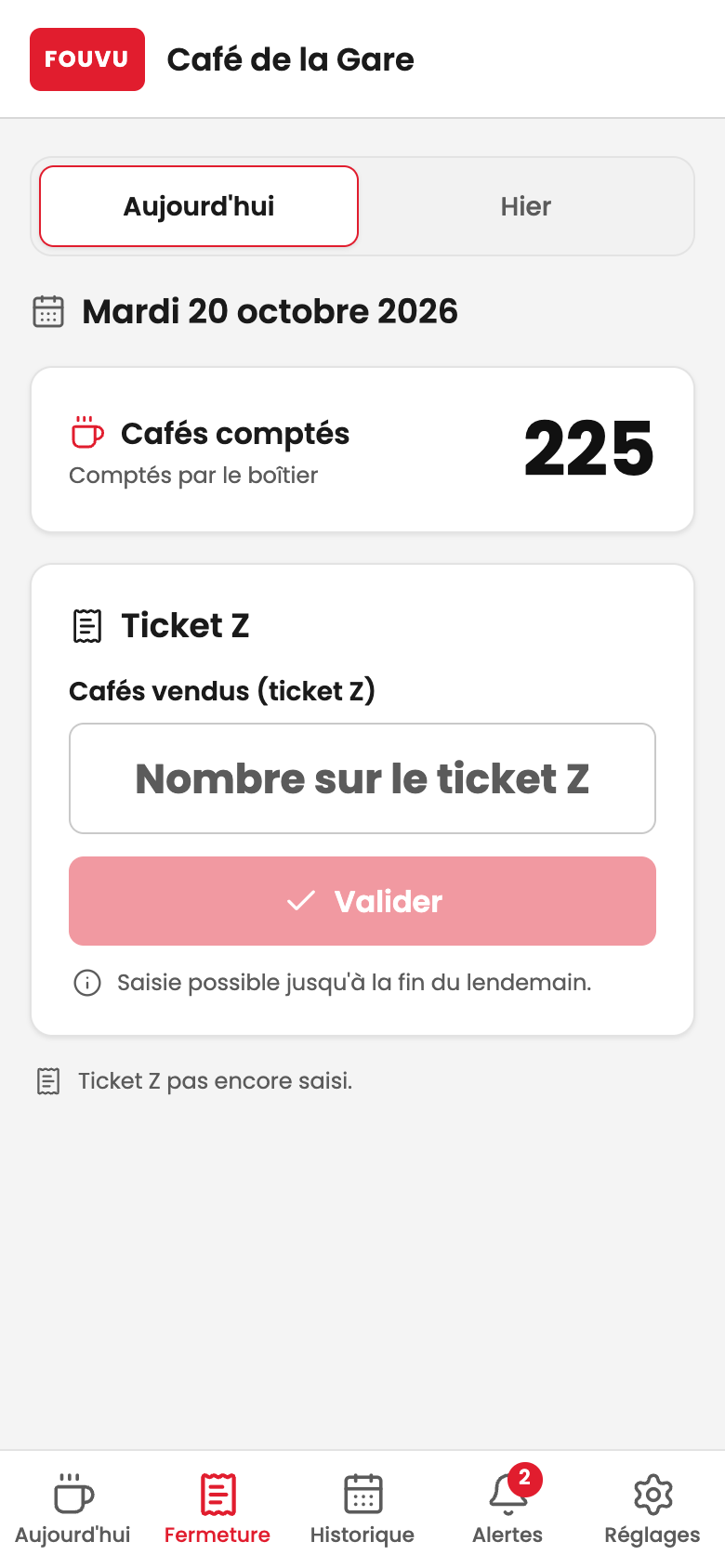 Écran Fermeture de l'application Fouvu : saisie du nombre de cafés du ticket Z face aux 225 cafés comptés (données de démonstration)