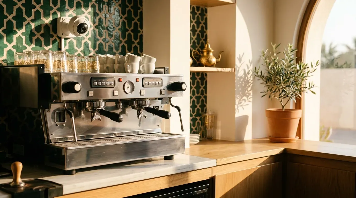 Illustration : comptoir d'un café marocain le matin, machine à expresso à deux groupes et petite caméra blanche fixée au mur au-dessus